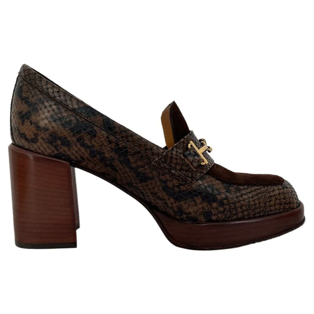 Tod's Snakeskin-Embossed Loafer Pumps in Brown Leather and Suede
